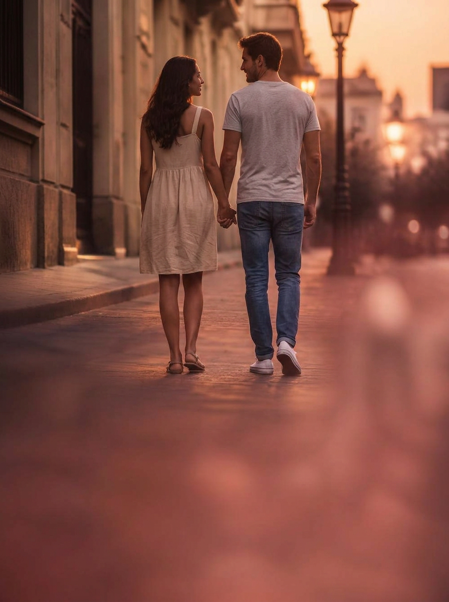 זוג צועד יחד בשקיעה
